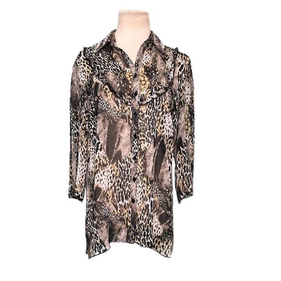 Essentials by Milano animal print 3/4 sleeves sheer blouse size Medium - Picture 1 of 11